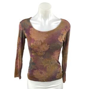 Novel Tee Women's Tan Multicolor Floral Long Sleeve T Shirt Tee Top Size S